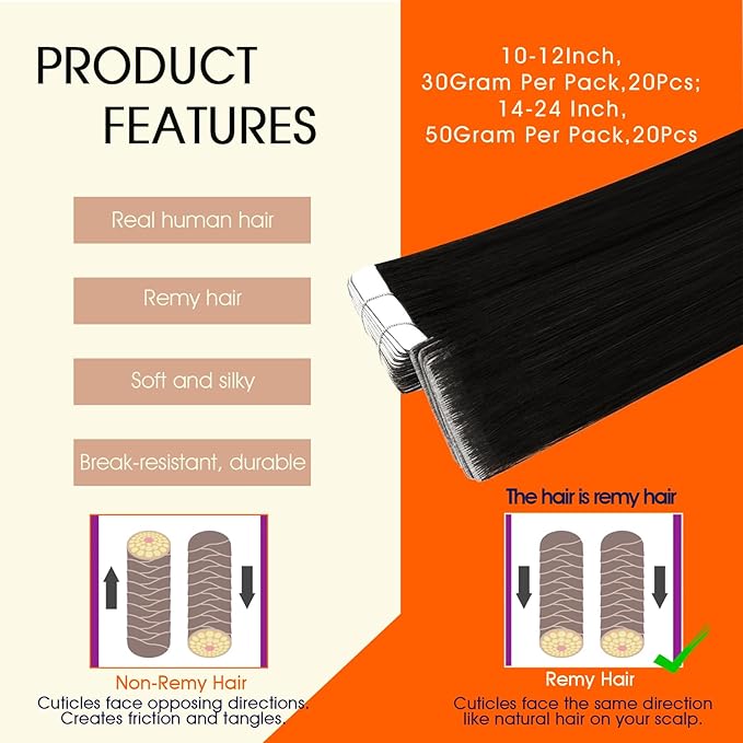 Full Shine Intact Tape Extensions Human Hair Color 1B Off Black Injection Tape In Hair Extensions Human Hair Cuticles Aligned 20Inch 50G Lightweight Natural for Women Daily Office Look 20Pcs