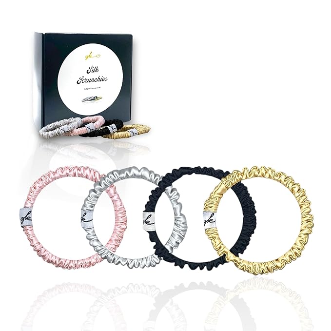 Silk Scrunchies for Women No Damage Mulberry Silk No Slip 4 Pack-Elastic Ponytail Girls Hair Ties | Skinny Hair Ties for Thin Thick Wavy or Curly Hair | No Crease for Sleep and Sports (4, Everyday)