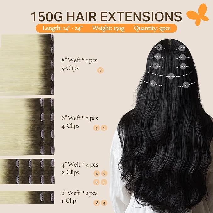 DOORES Clip in Hair Extensions Human Hair, Light Ash Brown to Ash Blonde 150g 9pcs 20 Inch, Remy Hair Extensions Clip in Straight Thick