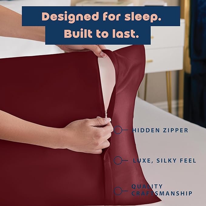 BLISSFORD Satin Pillowcase with Zipper, for Hair and Skin Care, Feels Soft and Cool Like a Silk Pillowcase, Satin Pillow Cases 2 Pack, Slik Pillow Cover, Burgundy, King, Set of 2