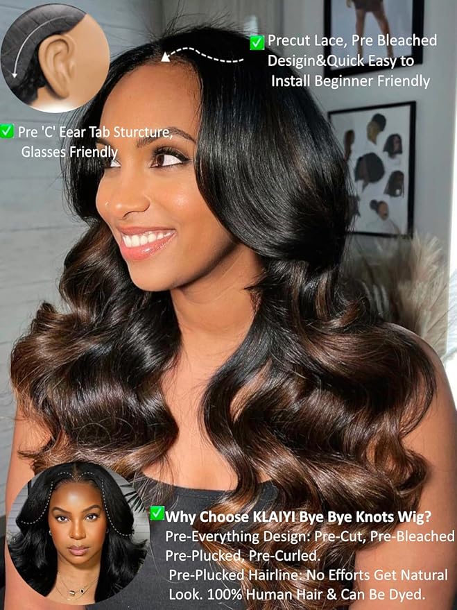 KLAIYI Ombre Brown Body Wave Bye Bye Knots Glueless Wig Pre Cut Lace Front Wigs Human Hair Chestnut Brown Loose Wave Pre Bleached Pre Plucked Wear and Go Wig with Dark Roots 30S Ready to Go Wig 24Inch