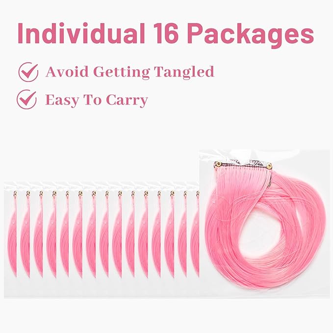 16 Pcs Pink Hair Extensions Curly Wavy Clip in Synthetic Hair Extensions,Colorful Party Highlights Hairpiece Streak for Girls Women Kids Cosplay Party Gift(Pink)