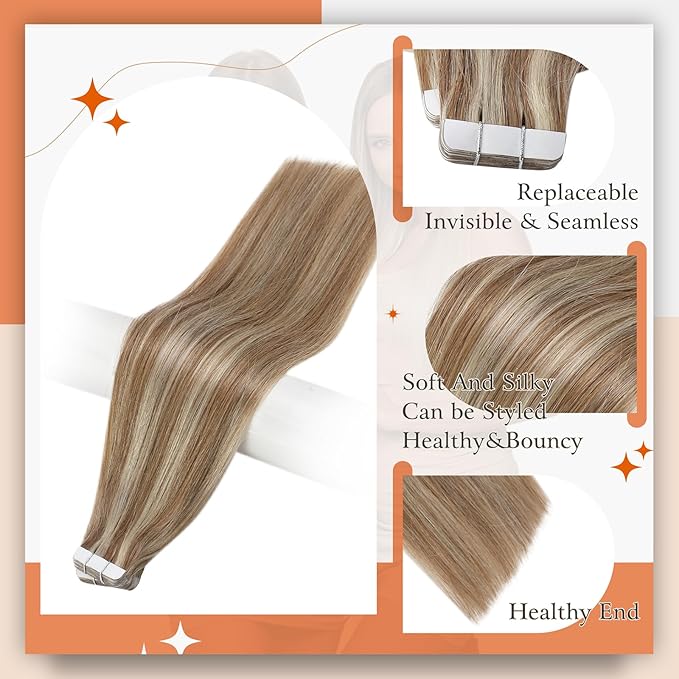 Full Shine Tape in Hair Extensions 14Inch Seamless Skin Weft Tape Hair Extensions Real Human Hair 10 Golden Brown Highlighted 613 Bleach Blonde Human Hair Extension Straight Hair 50G 20Pcs for Women