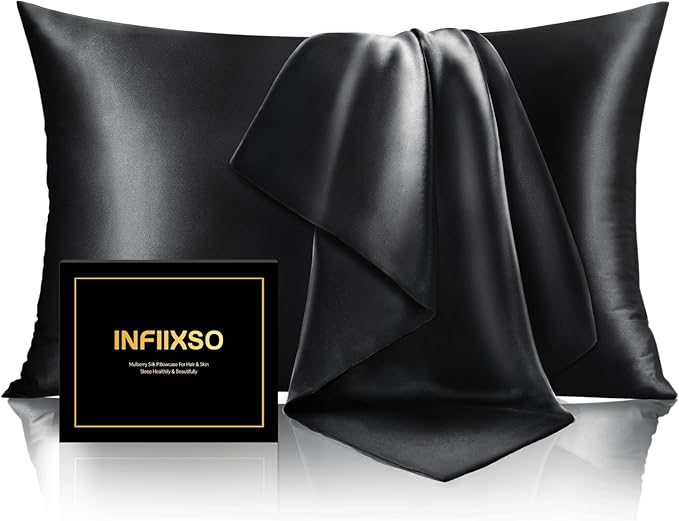 INFIIXSO Silk Pillow Cases 2 Pack Standard Size, Ultra Smooth & Soft Mulberry Silk Pillow Case for Hair and Skin, Breathable Cooling Silk Pillowcase with Hidden Zipper (Black, 20x26 Inches)