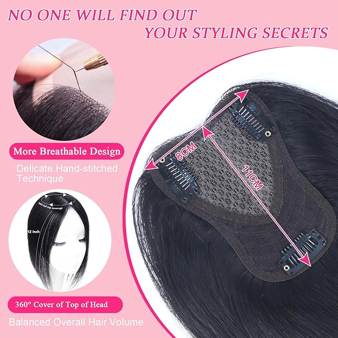 Hair Toppers for Women Real Human Hair Topper Upgrade Swiss Lace Middle Part Clip in Bangs Remy Human Hair Straight Hairpieces for Thinning Realistic Scalp 360° Cover Gray Hairy Roots Caramel Black