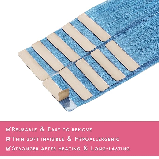 WENNALIFE Tape in Hair Extensions Human Hair SkyBlue Tape in Extensions, 10pcs 25g 16 inch Remy Invisible Tape Ins Straight Colored Soft Real Human Hair Tape in Extensions Refill Set Extensions