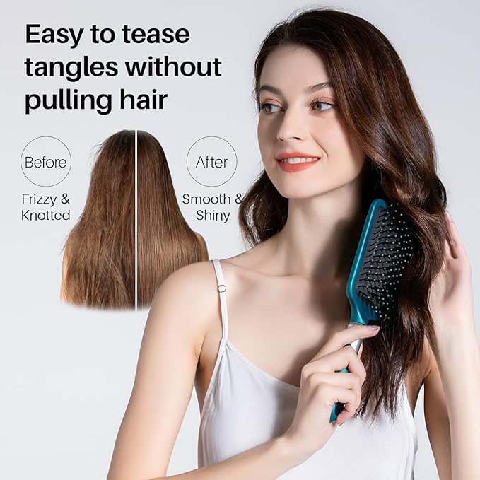 RHOS Hair Brush for Women and Men - Detangler Hair Brush with Nylon Bristles for Thick, Curly, Thin, Long, Wet & Dry Hair - Cushion Square Hair Brush for Detangling and Smoothing - 1 Pack - Green