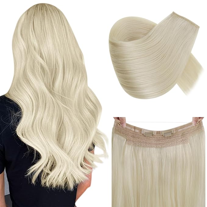 RUNATURE Blonde Wire Hair Extensions Real Human Hair, Secret Invisible Fish Line Hair Extensions, Platinum Blonde Wire Hair Extension, Transparet Wire Human Hair, Tangle-free 16 Inch 80g #60