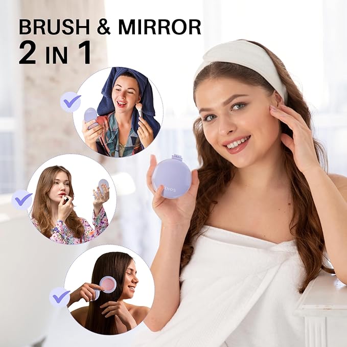 RHOS Hair Brush with Mirror for Women, Girls - Compact Folding Brush with Soft Nylon Bristles and Mirror - Portable Hair Brush for Travel (Purple)