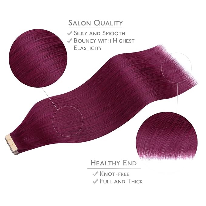WENNALIFE Tape in Hair Extensions Human Hair, 20pcs 50g 14 inch Light Burgundy Remy Hair Extensions Straight Human Hair Tape in Extensions Skin Weft Tape Extensions Human Hair