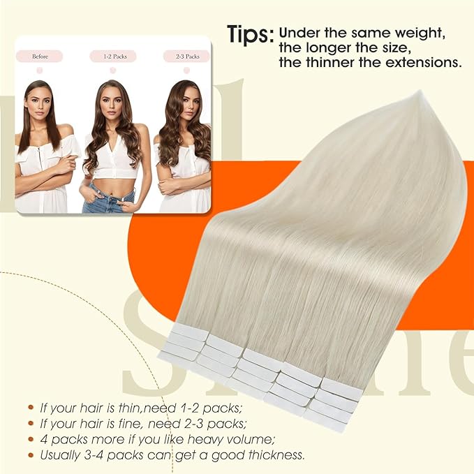 Full Shine Tape in Hair Extensions Straight Remy Tape ins Human Hair Extensions White Blonde Natural Seamless Extension 12Inch 30G 20Pcs Add Volume for Natural Look