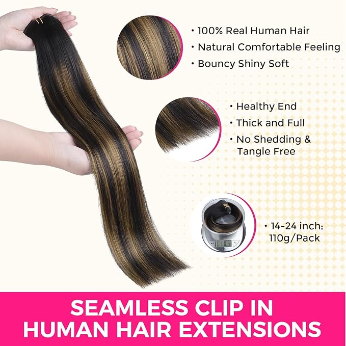 Lashey Seamless Clip in Hair Extensions Human Hair Light Yaki 14 Inch 110g 7pcs Natural Black Mixed Chestnut Brown Clip in Hair Extensions Human Hair for Black Women