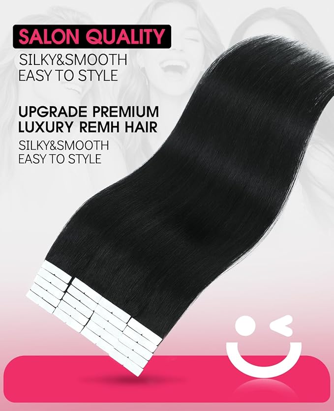 Youngsmile Injection Tape in Hair Extensions Real Human Hair, #1 Jet Black 20 Inch Invisible Edge Tape in Injected Hair Extensions, 20pcs 45g, Straight Remy Virgin Human Hair Tape ins (#1,20'')