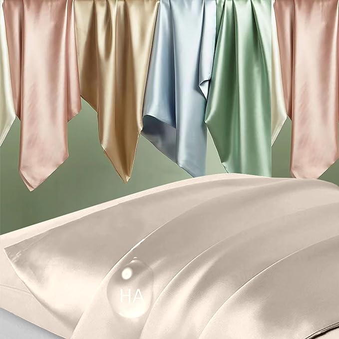 Silk Pillow Cases 2 Pack, Mulberry Silk Pillowcases Standard Set of 2, Health, Smooth, Anti Acne, Beauty Sleep, Both Sides Natural Silk Satin Pillow Cases for Women 2 Pack with Zipper for Gift, Beige