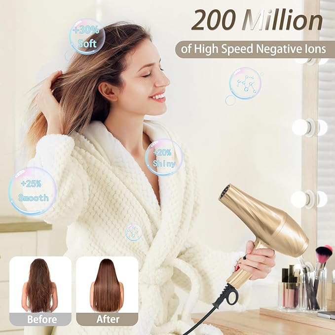 Ionic Hair Dryer,2400W Negative Ion Low Noise Hair Dryer Professional Fast Drying Hair Dryers with 2 Speeds, 3 Heat Settings, Cooling Button,with Diffuser for Curly and Straight Hair（Champagne Gold）
