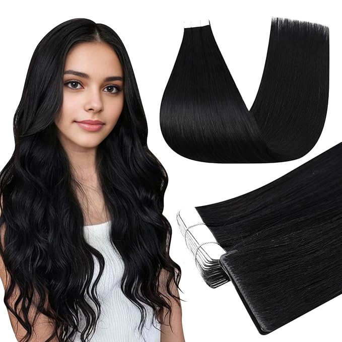 Full Shine Injected Tape ins Human Hair Extensions Color 1 Black 22 Inch Remy Tape in Extensions Human Hair Injection Silky Straight Seamless Skin Weft 50 Grams for Women 20 Pcs Add Length Brazilian
