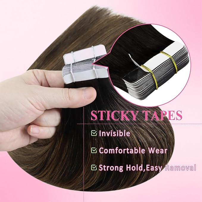 YoungSee Human Hair Tape in Extensions Dark Brown Tape in Hair Extensions Balayage Dark Brown to Ash Brown Real Human Hair Tape-in Extension 16In Ombre Hair Extensios Real Human Hair Tape-in 20pcs 50g