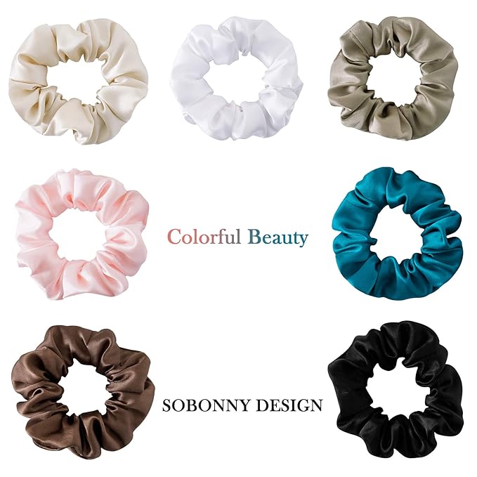 MulberrySilk Scrunchies for Women Hair Ties for Sleep and Night Hair Sleep, Women Grils Silk Hair Ties 3 Pack（Black,Taupe,Peacock blue）