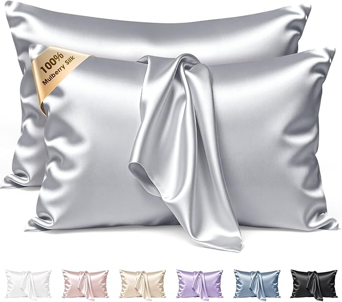 Silk Pillow Cases 2 Pack King Size Mulberry Silk Pillowcase Set of 2 for Hair & Skin 36 x 20 Inches 22 Momme Both Sided Grade 6A Silk Soft Breathable Cooling with Hidden Zipper, Grey