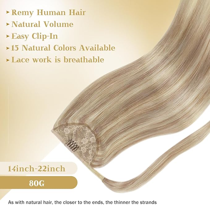 Ve Sunny Hair Extensions Ponytail Real Human Hair Wrap Around Clip in Ponytail Hair Extensions Straight Extensions Human Hair for Women Blonde Highlights for Women Warm Color 18inch 80G