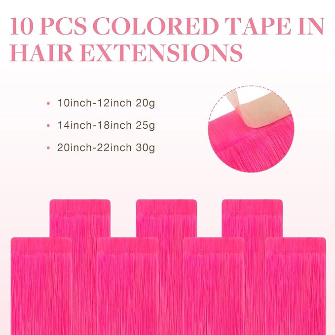 GOO GOO Tape in Hair Extensions Human Hair, Pink, 12inch 20g 10pcs, Colored Tape ins Human Hair Extensions, Silky&Soft Invisible Tape Ins, Hair Highlighted for Party
