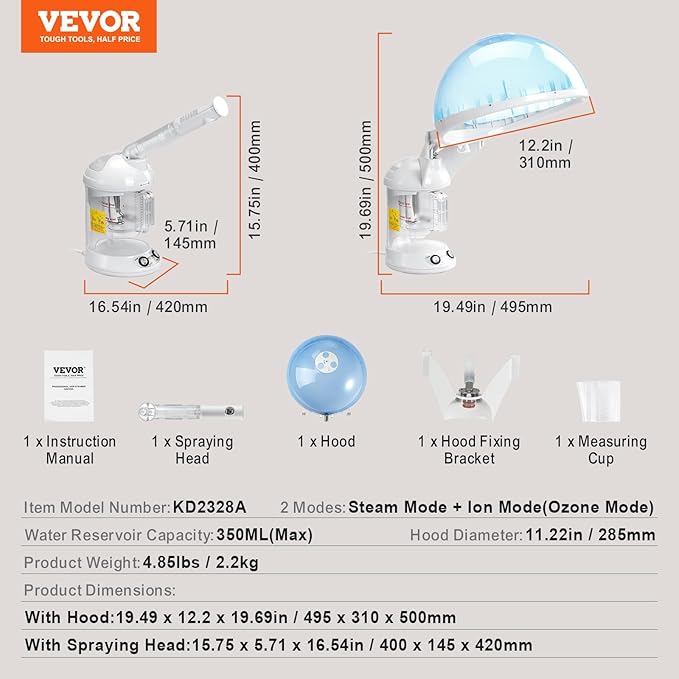 VEVOR Hair Steamer, 2 in 1 UV Ozone Hair & Facial Steamer with Detachable Bonnet Hood, Nano Ionic Face Steamer with 360° Rotatable Sprayer for Deep Conditioning, Perfect for Salon Spa Home Beauty