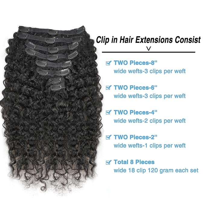 Burmese Curly Clip in Hair Extensions Real Human Hair 8Pcs Brazilian Human Hair Clip ins for Black Women With 18Clips 120g 26inch #1B Natural Black