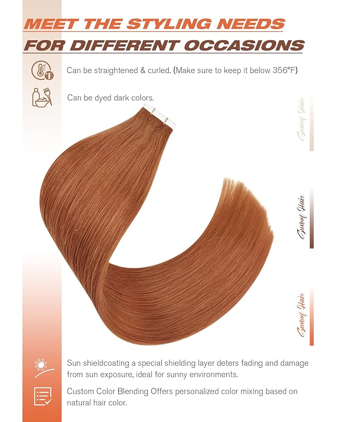 Sunny Hair Tape in Hair Extensions Real Human Hair Invisible Remy Hair Extensions Tape ins for Women Copper Red 16 inch 20Pcs 50G