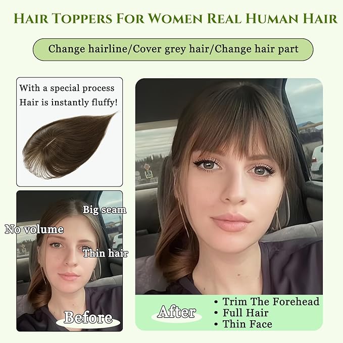 Hair Toppers for Women Real Human Hair, 360°3D Bangs Clip Human Toppers for Women with Thinning hair Realistic Scalp Line (Black, 3D French Bangs(11 * 7))