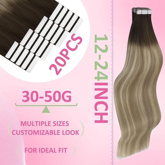 YoungSee Tape in Extensions Real Human Hair Balayage Tape in Hair Extensions Human Hair Brown Balayage Blonde Tape-in Hair Extension Real Human Hair 22In Ombre Tape-in Remy Hair Extension 20pcs 50g