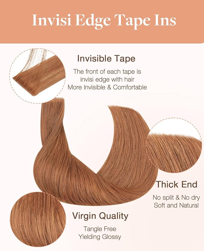 GOO GOO Invisi Edge Tape in Hair Extensions Human Hair, 330 Cinnamon Terra Copper, 20pcs 24inch 50g, Virgin Remy Hair, Seamless Injected Tape, Natural Look