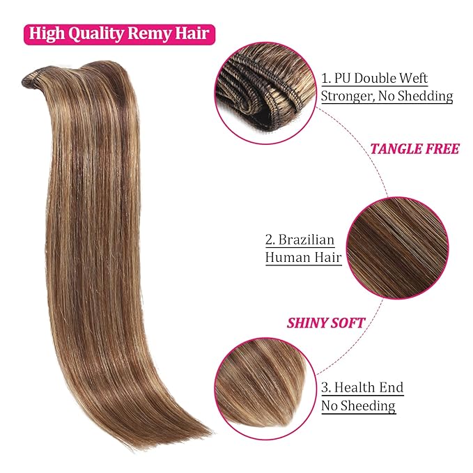 Straight Clip in Hair Extensions Real Human Hair 110g Remy Human Hair 8pcs 18Clips Clip on Extensions Soft Silky Hair for Fashion Women Chocolate Brown to Honey Blonde Hair Extensions (#P427)