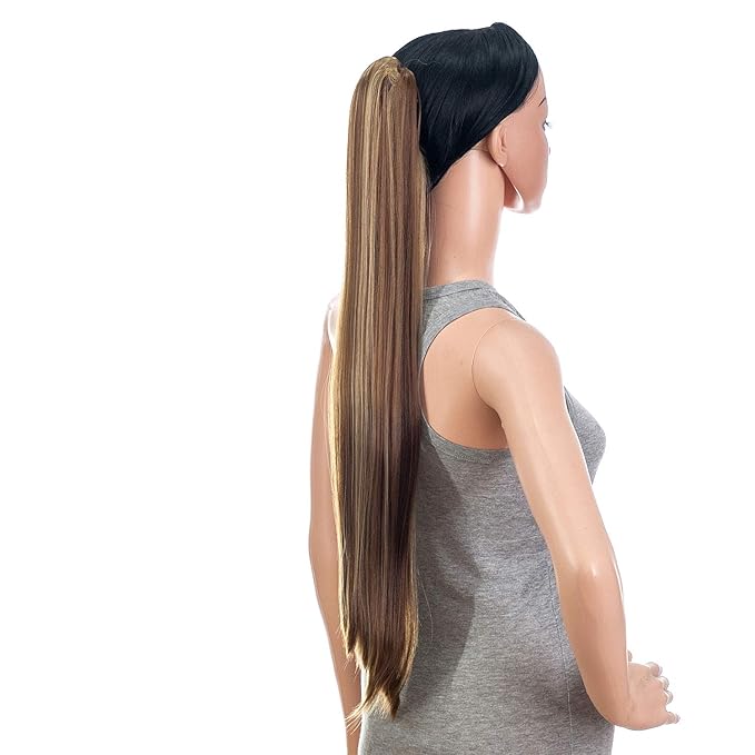 SWACC 28-Inch Long Straight Claw Clip Ponytail Extensions Synthetic Hair Extensions Ponytail Jaw Clip Hair Pieces for Women (Light Brown/Beige Highlights-12H24#)