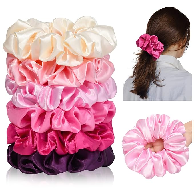 CEELGON Large Silk Satin Scrunchies for Women Big Scrunchies Jumbo Satin Hair Ties Oversized Hair Scrunchies for Thick Curly Hair Pack of 6 (Pink)
