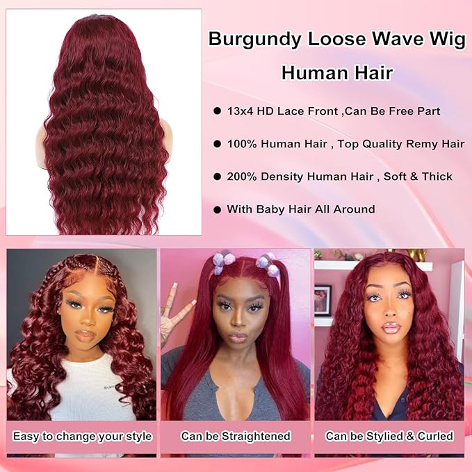 MEIMEI 200 Density 99J Burgundy Lace Front Wigs Human Hair Loose Wave 15A 13x4 Full Large Lace Space Frontal Wig Pre Plucked with Baby Hair Glueless Burgundy Loose Deep Wave Wigs 22 Inch