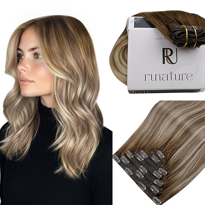 RUANTURE Balayage Clip in Hair Extensions Human Hair, Clip in Extensions Real Human Hair, Double Weft Remy Hair, Natural Looking, Thick Ends, 20 Inch 120g 7pcs #3/8/22