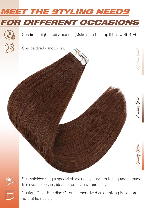 Sunny Hair Tape in Hair Extensions Real Human Hair Invisible Remy Hair Extensions Tape ins for Women Auburn Brown 18 inch 20Pcs 50G