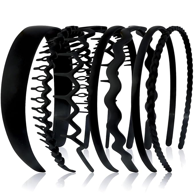 VELSCRUN 7 Pcs Different Headbands for Women Black Hair Bands for Women's Wavy Curly Hair Non Slip Plastic Head Bands with Teeth Comb Headband Face Wash Hair Accessories Gifts for Women Gilrs