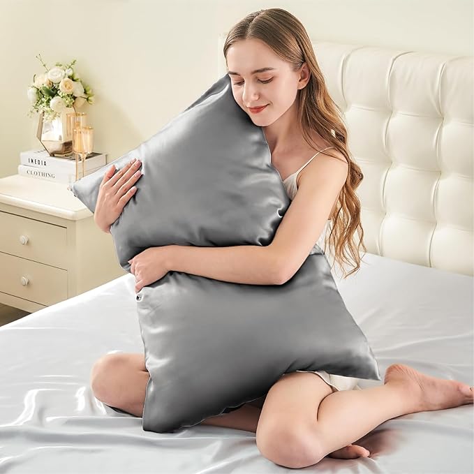INFIIXSO Silk Pillow Cases Queen Size Set of 2-20x30Inches Silk Pillowcases with Hidden Zipper, Ultra Smooth and Soft Cooling Pillow Cases for Hot Sleepers (Dark Grey 20x30 Inches, 2 Pack)
