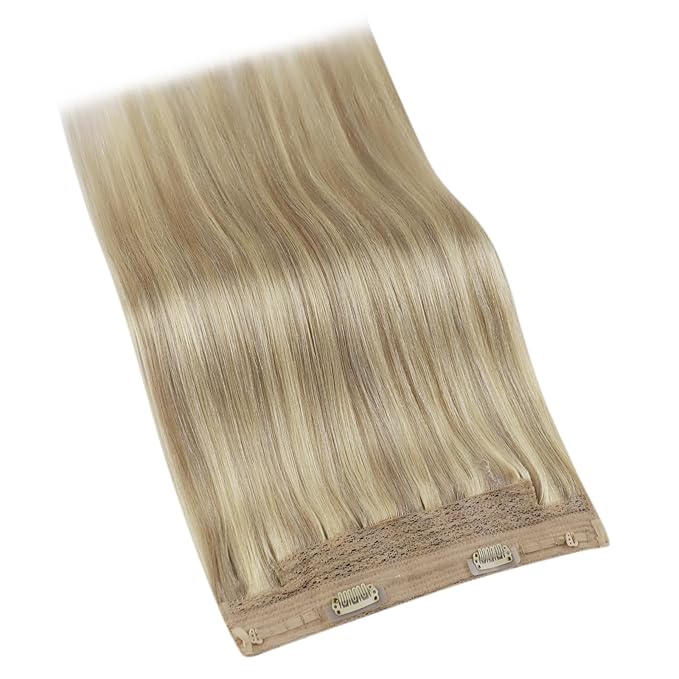 YoungSee Wire Hair Extensions Real Human Hair Highlight Human Hair Wire Extensions Light Blonde Highlights Golden Blonde One Piece Hair Extension Easy to Wear 80G 16Inch