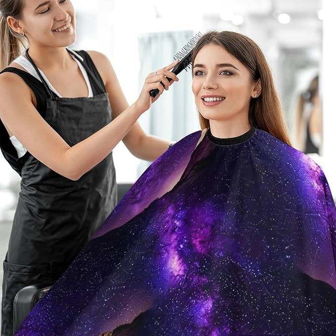 Extra Long Haircut Barber Cape Cover, Hairdressing Apron Purple Space Galaxy Shimmering Hairdressing Gown Cover for Hair Cutting