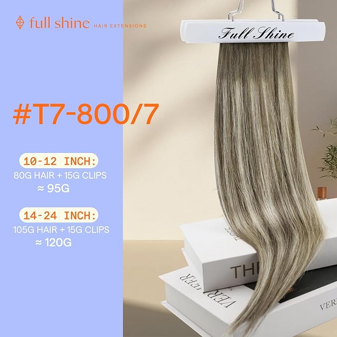Full Shine Balayage Clip in Hair Extensions Remy Human Hair Ash Brown Ombre Blonde Clip in Extensions 7/800/7 14 Inch Medium Length Hair Extensions 7 Pcs 120 G