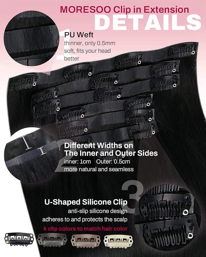 Moresoo Seamless Clip in Hair Extensions Human Hair Black PU Weft Seamless Human Hair Clip in Extensions Jet Black #1 Full Head 20inch 7pcs 120G