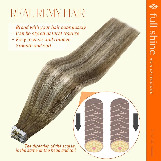 Full Shine Tape in Hair Extensions Human Hair Short 12Inch Blonde Adhesive Tape in Extensions Color 6 Fading to 6 Brown and 60 Platinum Blonde 30G 20Pcs Remy Seamless Tape in Balayage Hair Extensions