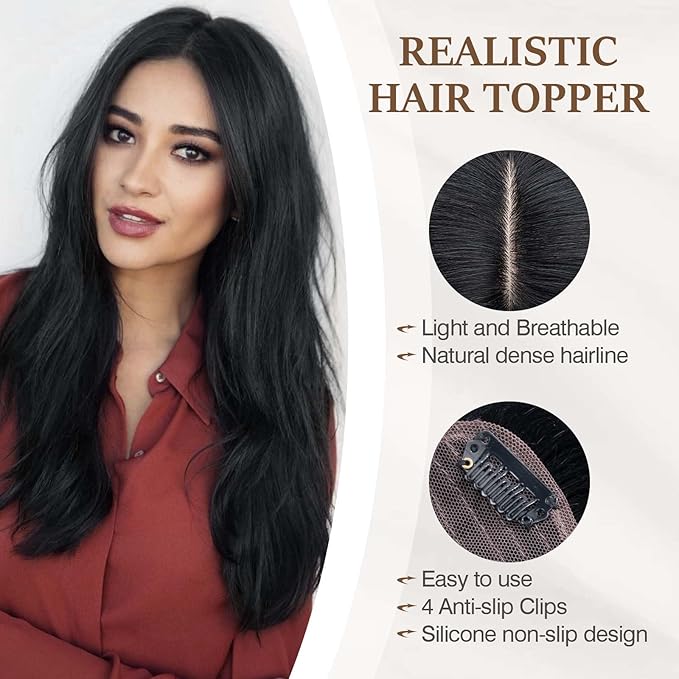 Rich Choices Hair Toppers for Women Real Human Hair 100% Human Remy Toppers NO Bangs for Women with Thinning on Top Clip in Hairpiece 4"x4.7"Lace Base 16 Inch #1 Jet Black