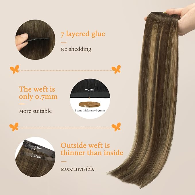DOORES Clip in Hair Extensions, Chocolate Brown to Caramel Blonde 130g9pcs 14 Inch Virgin Remy Straight Human Hair Extensions for Women