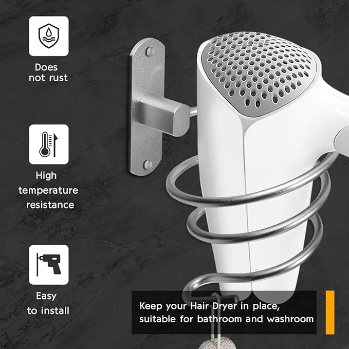hicorfe Bathroom Hair Dryer Holder Hair Care Tools Holder Wall Mount (Bright White)