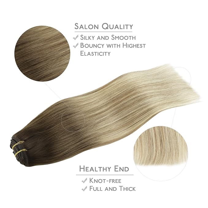 WENNALIFE Hair Extensions Clip In, 9pcs 24inch 150g Ombre Walnut Brown to Ash Brown and Bleach Blonde Real Human Remy Clip In Hair Extensions