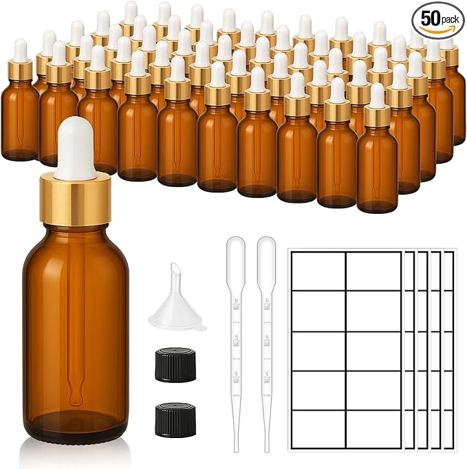 50Pack 1oz Amber Glass Dropper Bottles with Gold Lids, Funnels, Droppers, Extra Caps & Labels – Leakproof, UV Resistant 30ml Empty Bottle for Tinctures, Essential Oils, Beard, Hair Oils