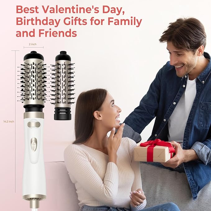 Hair Dryer Brush, 3-in-1 Rotating Round Hot Air Spin Brush Set with 2 Brushes (2" & 1.5"), Negative Ionic Blow Volumizer, 2 Detachable Auto-Rotating Curling Brush 100-120V